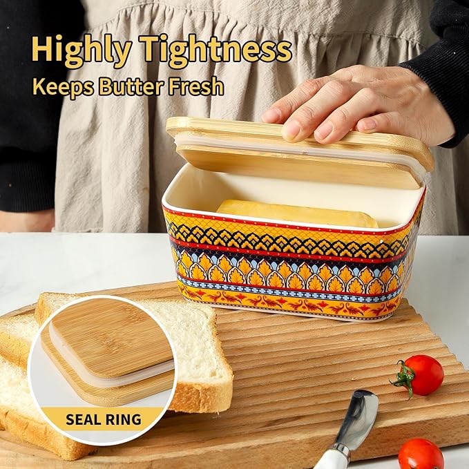 Hasense Butter Dish with Lid, Ceramic Butter Dish with Lid for countertop, Airtight Covered Butter Keeper with Bamboo lid and knife,Butter Holder for Counter, Golden Bloom