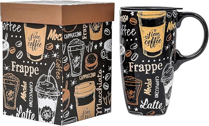 DUSVALLY Ceramic Coffee Mug, Travel Tea Mug for Car Cup Holder, Tall Tea Cup with Handle for Office and Home, Unique Gifts for Women and Man, 17 oz, Frappe