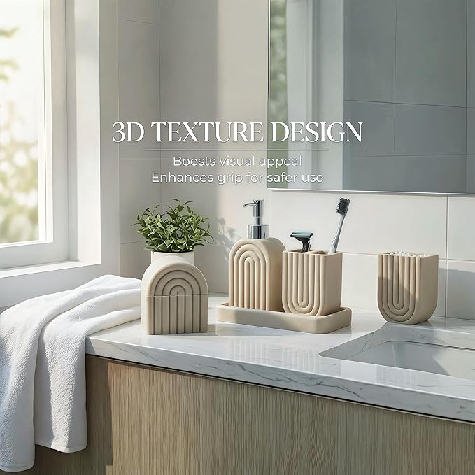 Bathroom Accessory Set, 5 Pcs Bathroom Essentials Sets Accessories, Soap Dispenser Set, Toothbrush Holder, Vanity Tray, Tumbler, Cotton Swab Jars, Bathroom Organizer for Modern Bathrooms(Beige)