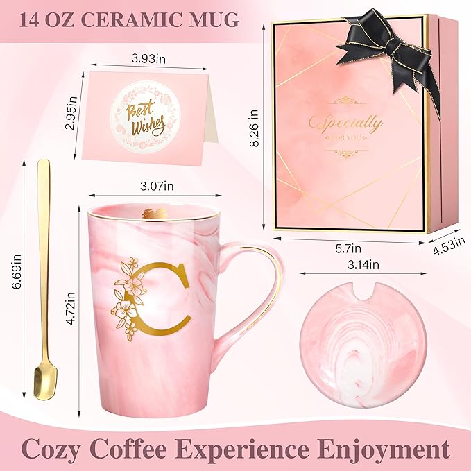 Personalized Gifts for Women Coffee Mug, 14 Oz Pink Initial Customized Mugs with Flower, Birthday Gifts for Women, Cool Mug Christmas Mother's Day Gift for Her Wife Mom Grandma Friend Sister Unique,C
