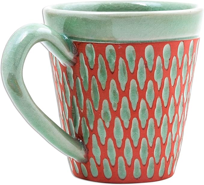 NOVICA Artisan Handcrafted Celadon Ceramic Mug Green Incised Brown Thailand Tableware Dinnerware Mugs Cups [cups 3.9in H x 5.25in W x 3.7in D 10 Oz.] ' Ginger Green Honeycomb'