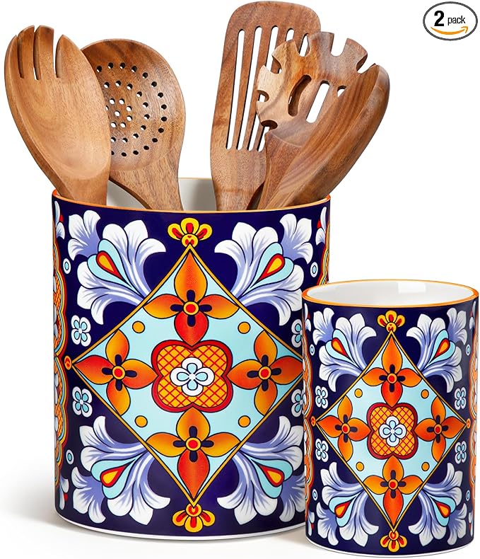 vancasso SIMI Utensil Holder, 7.3"+5.5" Porcelain Kitchen Utensil Holder for Countertop, Bohemian Kitchen Utensil Organizer for Spatulas, Spoons, Decorative Counter Utensil Crock, Amber Elegance
