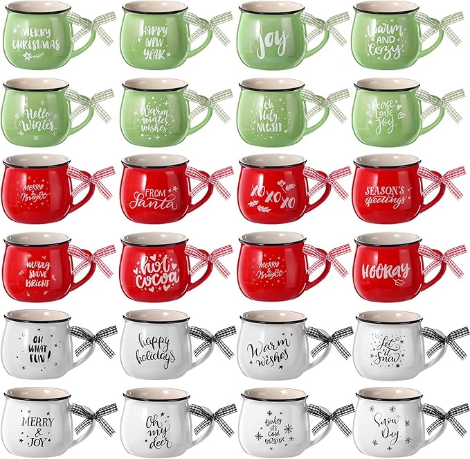 Sliner 24 Pcs Christmas Coffee Mugs, 12 oz Ceramic Mug Gift Holiday Hot Cocoa Tea Cups for Family Friend Staff Winter Holiday Gift School Office Table Centerpieces(Red,Green,White)