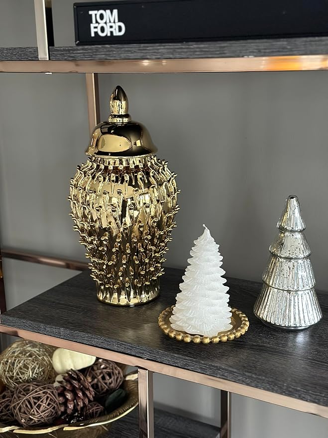 Noori Home - 100% Modern Glam Artisan Ceramic SPIKES BECCA Ginger Jars GOLD 8.3x8.3x15