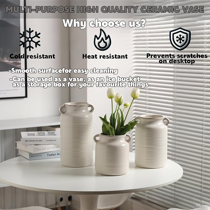 Ceramic Rustic Distressed White Flower Vase for Centerpieces, Kitchen, Office or Living Room (5.9''x10.2”)