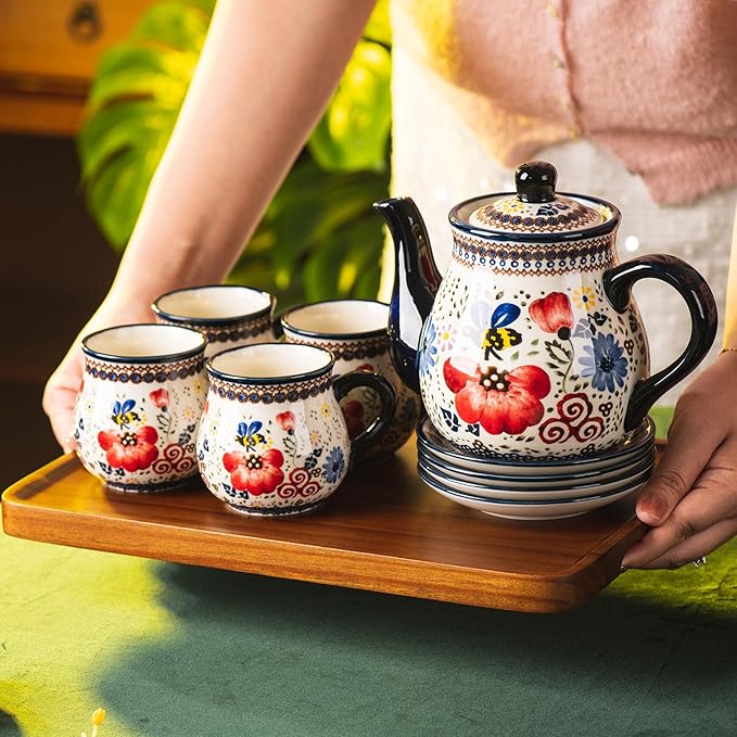 polish pottery style porcelain ceramic 10 piece Tea set,7.2oz tea cup and sauce set of 4,28.2oz teapot and 1wooden tray (Honey Bee Flower)