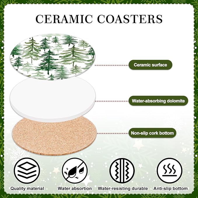 Whaline 6 Pcs Christmas Coasters Cup Mat with Metal Holder Watercolor Cedar Pine Forest Ceramic Drink Coasters for Xmas Winter Holiday Party Home Kitchen Bar Table Decor