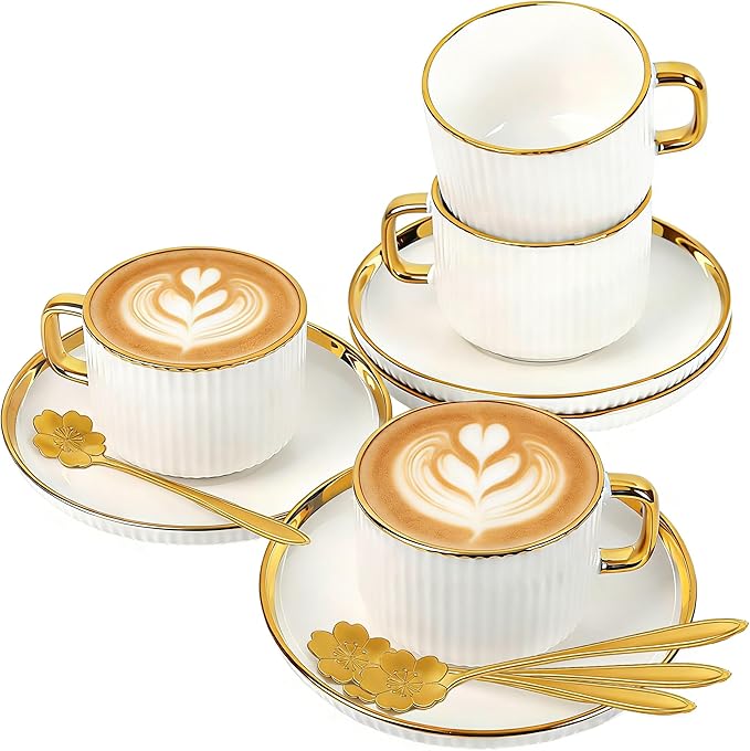 Cappuccino Cups Set of 4, 7oz Espresso Cups Set with Saucers and Spoons, Gold Trim Ceramic Coffee Tea Cups for Latte, Mocha, Au Lait, Dishwasher & Microwave Safe, Art Deco (Gold Striped/200ml)