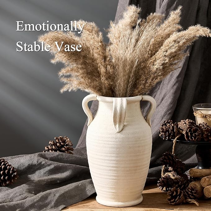 Emotionally Grounded Vase, Vaseking Large Ceramic Rustic Vase with 4 Handles, 10.83 inch Minimalist Decorative Farmhouse Tall Vases for Home Decor, Living Room, Enterway, Table Decoration, White