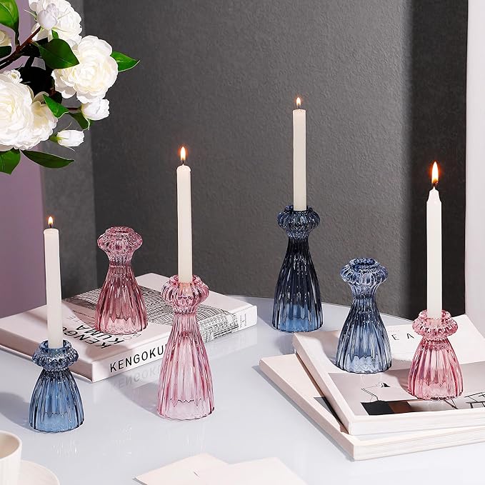Lysenn Glass Candle Stick Holder Set of 6 – Premium Taper Candle Holders for Romantic Ambiance - Candle Sticks Holder Decor for Special Occasions - Pink