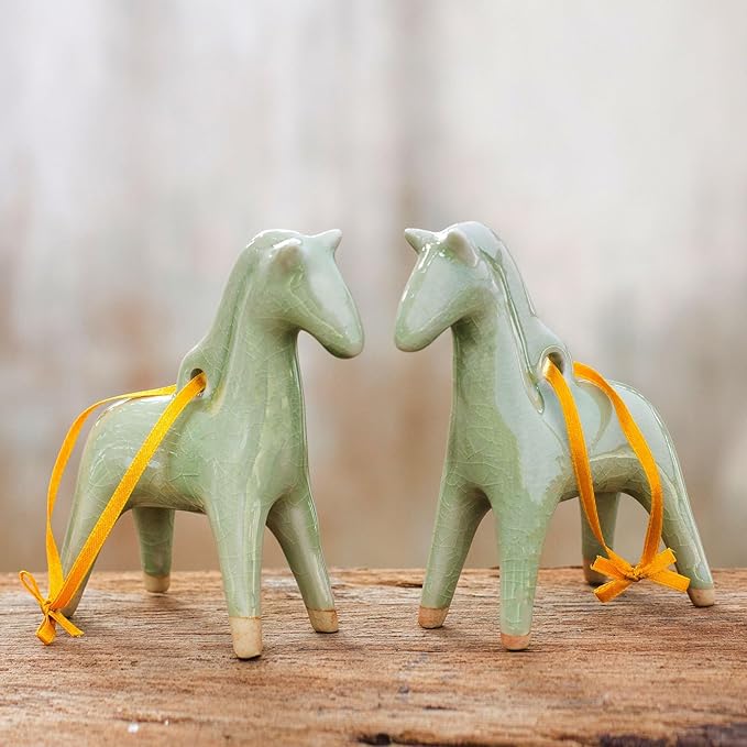 NOVICA Artisan Handmade Celadon Ceramic Ornaments Unique Christmas Pair Green Thailand Holiday Decor Animal Themed Horse [4.1in H x 1.6in W x 3.5in D] ' A Season for Horses' Pair