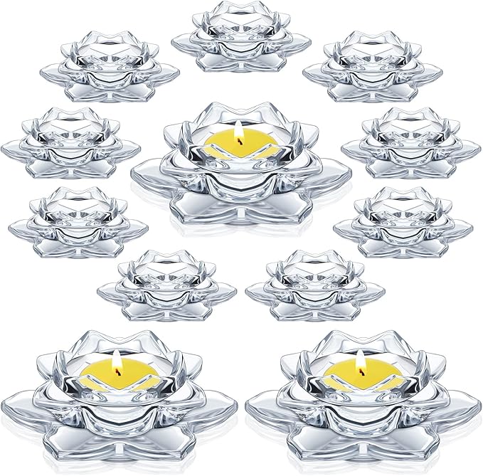 meekoo 12 Pcs Crystal Glass Lotus Candle Holders Lotus Crystal Tealight Candle Holders for Christmas Home Decor Wedding Party
