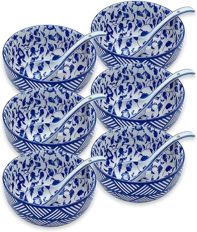 Japanese Ceramic Bowls Set of 6, 28 Oz Large Asian Porcelain Ramen Soup Salad Cereal Noodle Bowl with 6 Spoons, Deep Bowl for Kitchen Decor and Housewarming Gift, Dishwasher & Microwave Safe
