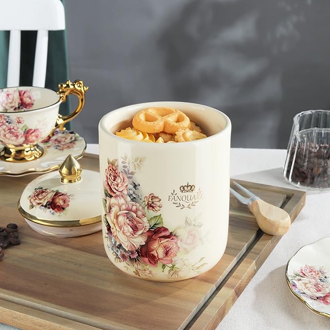 fanquare Porcelain Tea Canister, Normal Size Ceramic Jar, Vintage Gold Floral Countertop Container for Sugar, Tea, Coffee