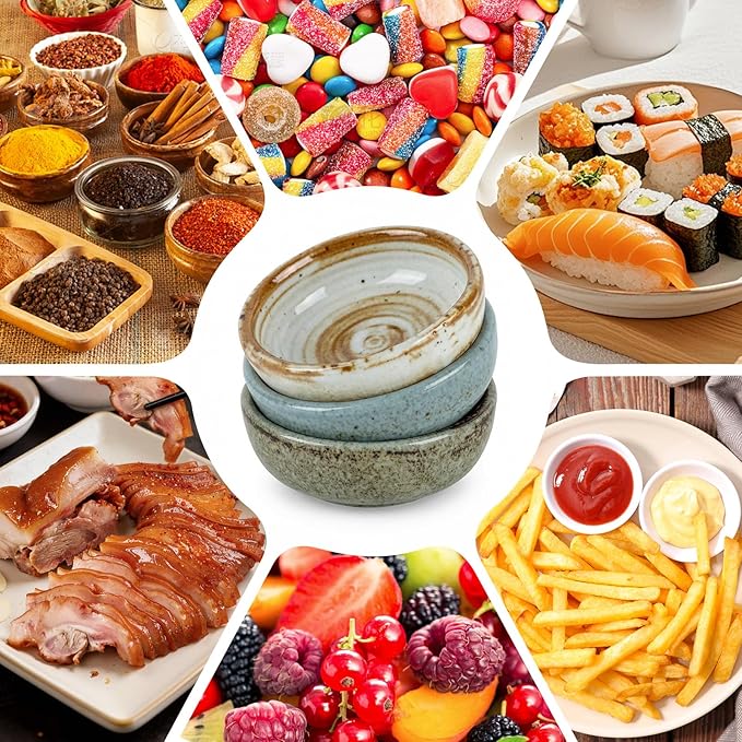 clothmile 3 Pieces Vintage Sauce Dishes 3 Inch Handmade Kiln Glazed Sauce Dishe Asian Chinese Ceramic Side Bowl for Sushi Sauce Snack Pinch Home Kitchen Decor Housewarming Gift