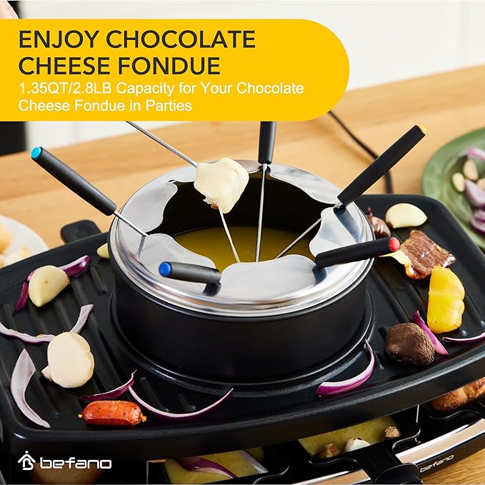 Electric Raclette BBQ Grill with Fondue Pot Sets, Portable Korean Table Grill Electric Indoor Cheese Raclette, Dual Adjustable Thermostats, 8 People Serve Perfect for Parties and Family Fun