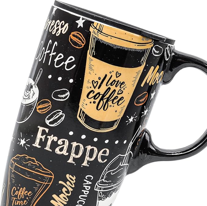 DUSVALLY Ceramic Coffee Mug, Travel Tea Mug for Car Cup Holder, Tall Tea Cup with Handle for Office and Home, Unique Gifts for Women and Man, 17 oz, Frappe