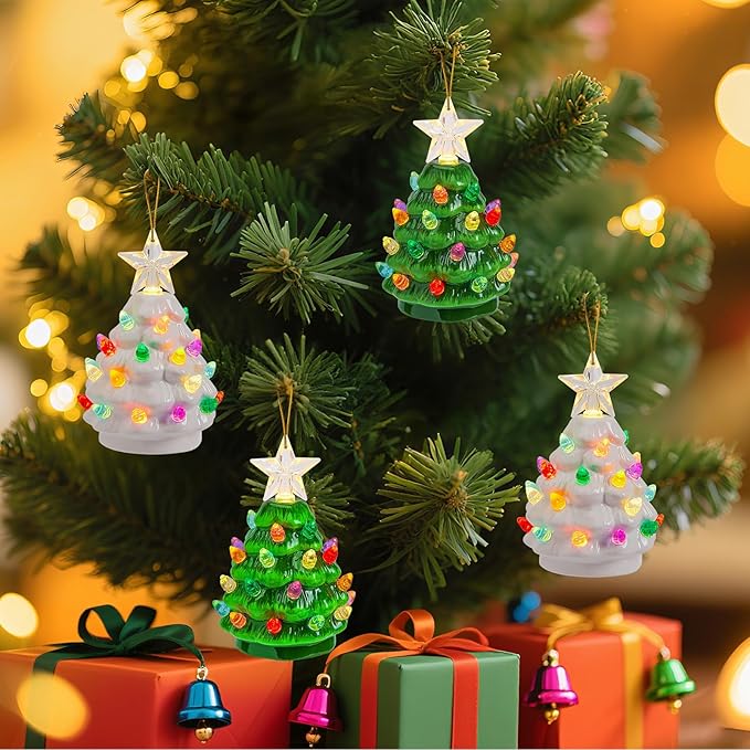 Brightown 4.3 Inch Mini Ceramic Christmas Tree Set - 4 Pack Tabletop Christmas Tree with Multicolored LED Lights, Battery Operated Small Lighted Tree for Home Office Table Holiday Decorations