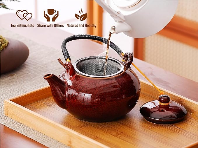 Japanese Tea Set for Adults, Porcelain Kung Fu Tea Set with 1 Teapot (23.5oz/700ml), 6 Tea Cups(4oz/120ml), Tea Tray & Stainless Infuser, Japanese Teapot Set Tea Gift Set (Kiln Altered Red)