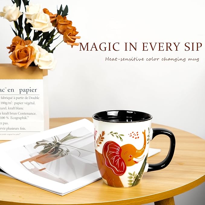 Color Changing Elephant Mug 16oz - Heat Sensitive Cup for Tea Cocoa Milk, Funny Ceramic Coffee Mugs, Birthady Gifts for Women man