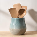 JIEMEI HOME Kitchen Utensil Holder, 6.3" Ceramic Rustic Utensil Crock for Countertop, Farmhouse Cooking Tool Organizer, Spatula Holder For Kitchen Decor, Speckled Blue & Brown