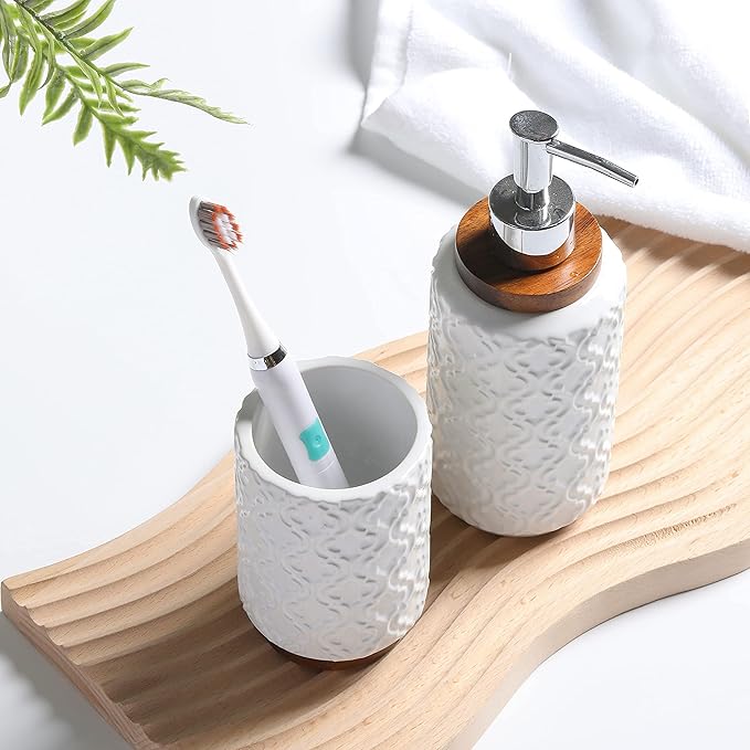 Elegant 4 PCS Ceramic&Wood Bathroom Accessories Set:Soap Dispenser,Toothbrush Holder,Tumbler,Soap Dish,Easy to Clean,Quatrefoil Pattern,White-Affordable Luxury for Home Decor Enthusiasts
