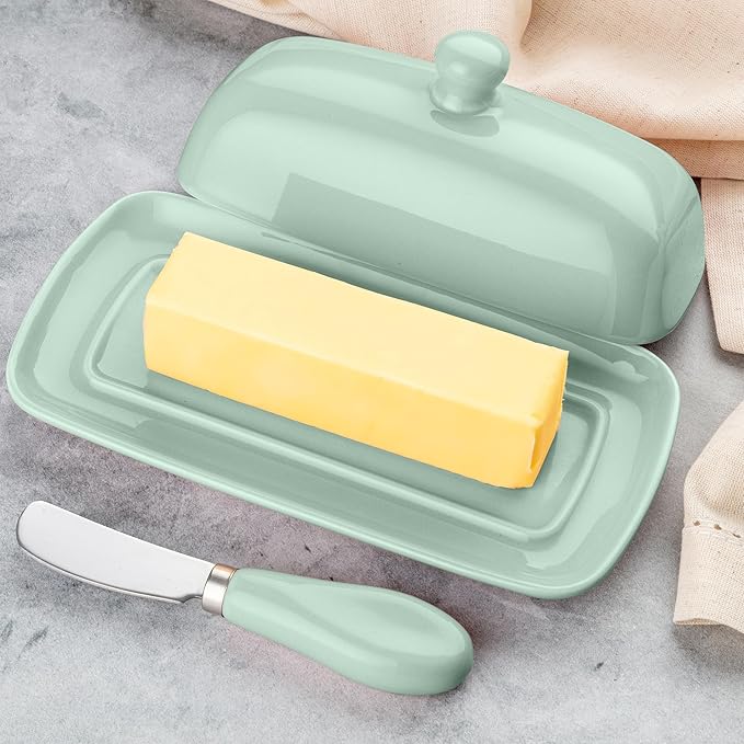 Zulay Butter Dish With Lid For Countertop - Porcelain Mint, Ceramic Butter Dish with Knob Handle Great for Cooking - Elegant Design Butter Holder - Durable & Sturdy Butter Keeper - Mint