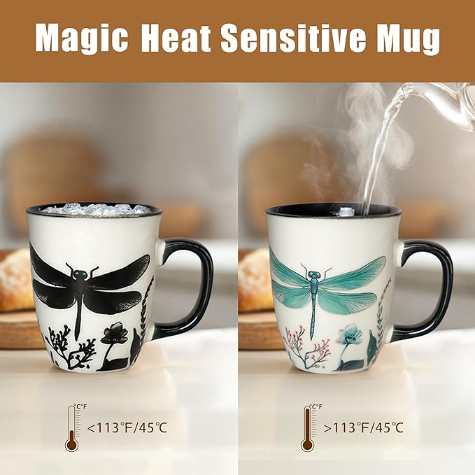 16 oz Dragonfly Mug - Color Changing Ceramic Coffee Cup - Ideal Gift for Women Dragonfly Gifts for Women
