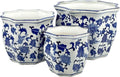 Galt International Blue & White Round Fluted Floral Porcelain Ceramic Plant Flower Planter Pot Set of 3 (7.5", 10", 13") Garden Pots Chinese Asian Design