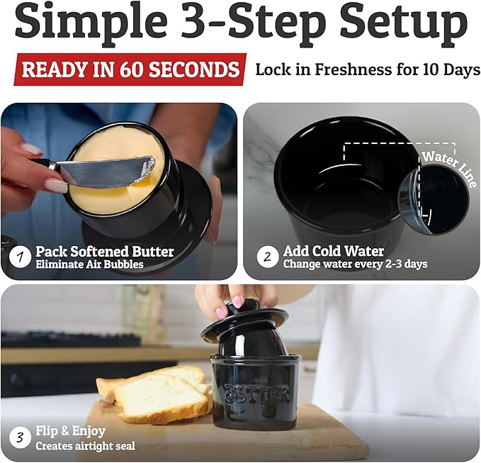 PriorityChef Butter Crock with Lid with Water Line, Ceramic French Butter Dish to Leave On Counter, Black
