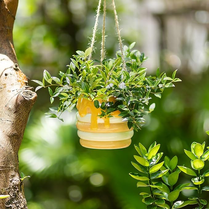 Bee Decor Hanging Planter: 6x4 Inch Opening Cute Flower Pot with Drainage - Ceramic Honey Plant Pot for Indoor Outdoor Garden Kitchen Bathroom