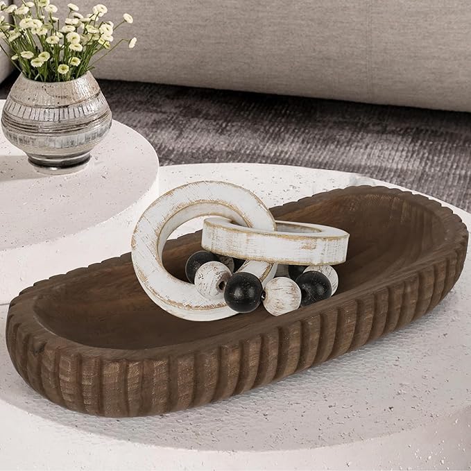 Oakrain Wooden Decorative Bowl for Home Decor, 16" Rustic Dough Bowl with Hand Carved Vertical Stripes, Long Wood Tray for Table Centerpieces, Brown