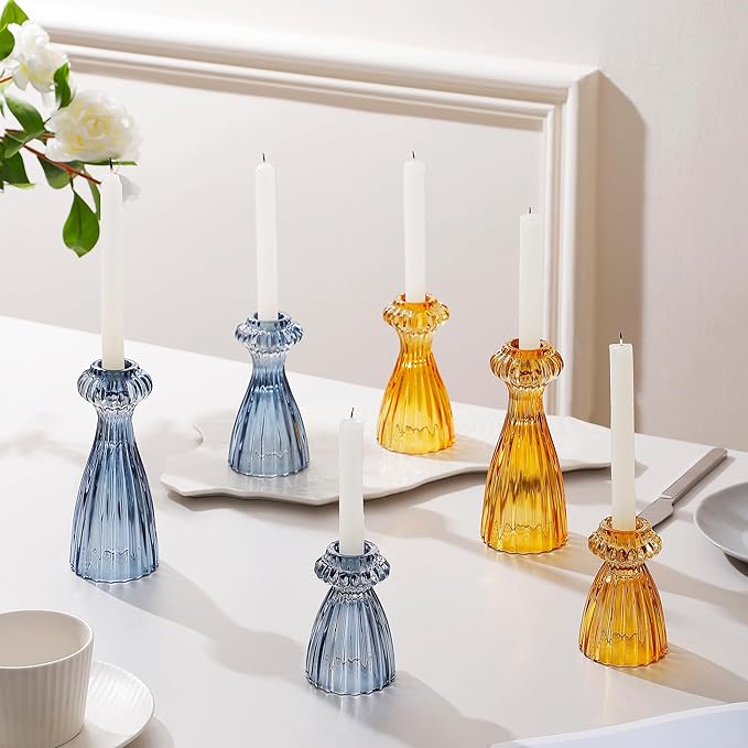 Lysenn Glass Candle Stick Holder Set of 6 – Premium Taper Candle Holders for Romantic Ambiance - Candle Sticks Holder Decor for Special Occasions - Dark Blue