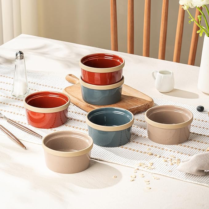 Ramekins 8 Oz Oven Safe, Ceramic Creme Brulee Souffle Dishes, Pudding Custard Cups Ramekin For Baking, Small Dipping Sauce Bowls, Set of 6, Microwave and Dishwasher Safe (Artisan Colors)