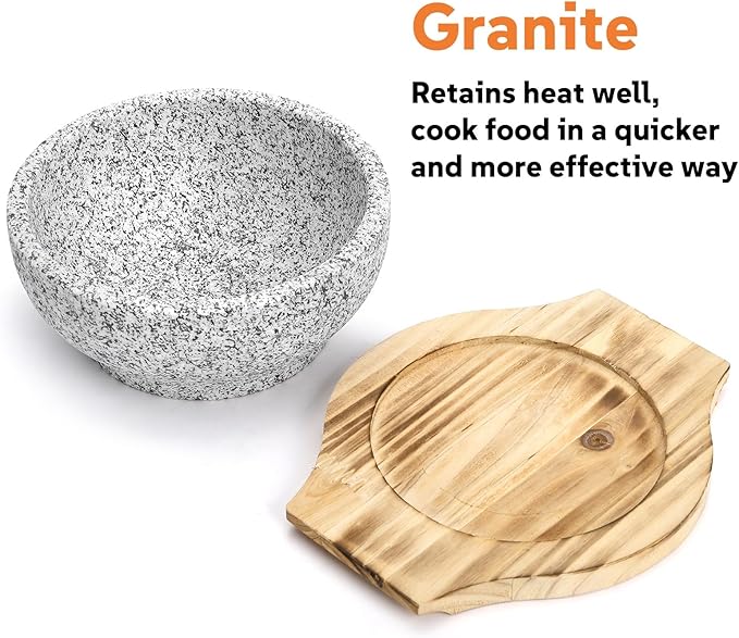 Dolsot Bibimbap Bowl, 27 Oz Korean Stone Bowls Cooking Pot with Wood Tray, Granite Stone Bowl Sizzling Hot Pot for Korean Restaurants, Soup, Rice, Stew