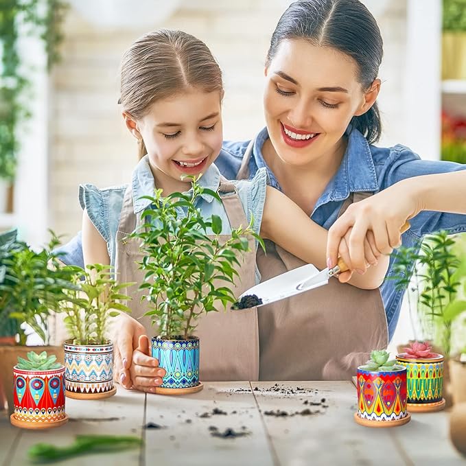 Zopeal 12 Pcs 3 Inch Mandala Ceramic Succulent Pots with Bamboo Trays, Small Indoor Cactus Planters with Drainage Holes for Desk, Windowsill and Home Decor