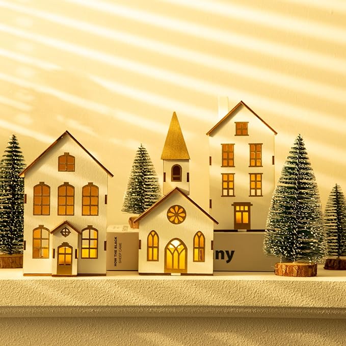 7 Pcs Christmas Village Figurines Sets - 3 LED Lighted Houses with Remote Control & 4 Trees - Christmas Decorations Indoor - Xmas Holiday Farmhouse Rustic Decor for Table Room