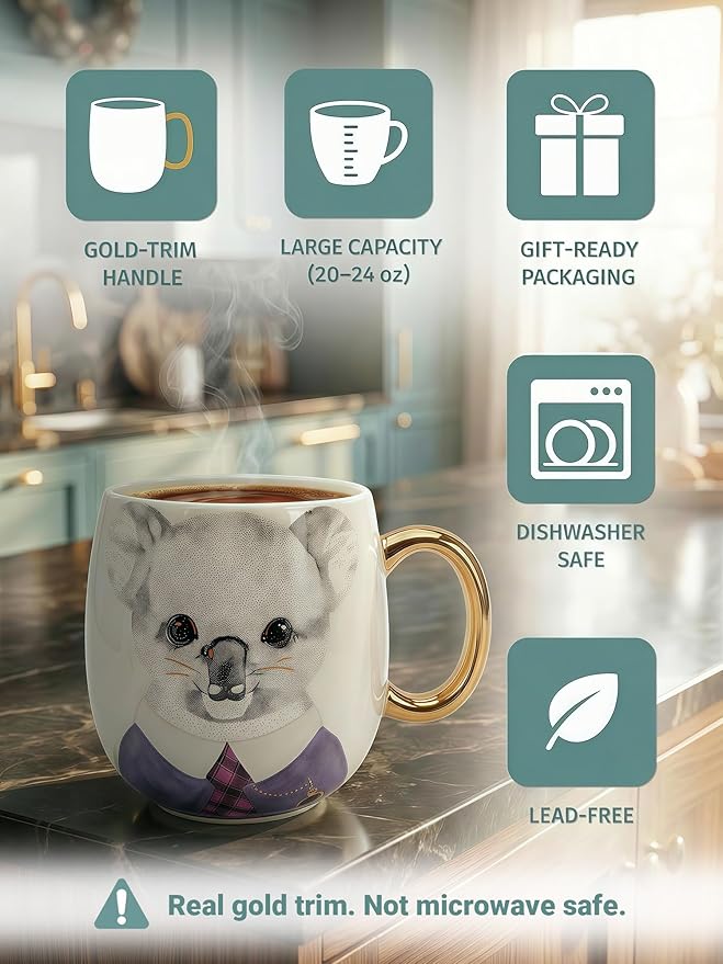19oz Ceramic Coffee Mug with Gold-Trim Handle, Porcelain Mug for Coffee, Tea & Hot Chocolate, Hand-Painted Artisan Style, Lead-Free, Gift-Ready Box, Not Microwave Safe