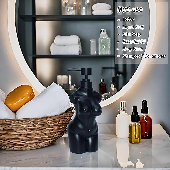 Ceramic Girl Soap Dispenser,Lotion and soap Dispenser Set Refillable Liquid Hand Soap Dispenser for Bathroom and Kitchen (Black)