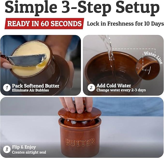 PriorityChef Butter Crock with Lid with Water Line,Ceramic French Butter Dish to Leave On Counter, Brown
