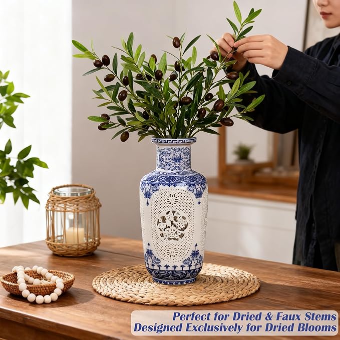 Blue White Flower Vase - 11.42 Inch Hollow Out Ceramic Vase, Vintage Chinese Style Home Decor, Handcrafted Blue White Porcelain Centerpiece for Living Room Table Shelf (Blue and White)