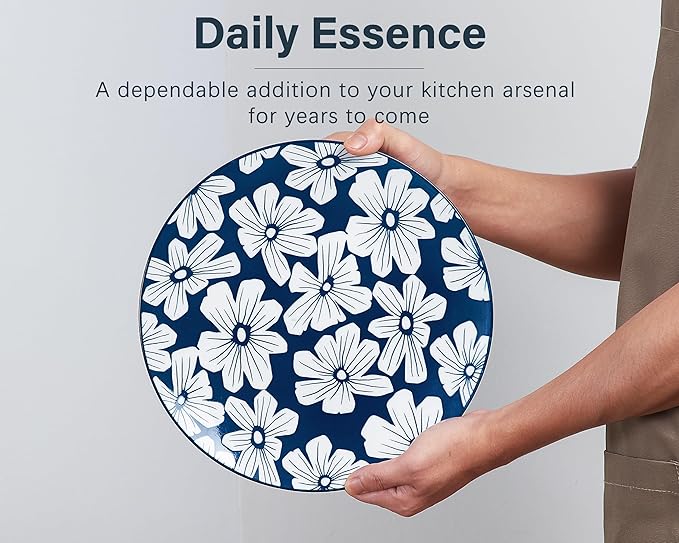 ONEMORE Dinner Plates Set of 4, 10.5 Inch Porcelain Plate, Blue and White Salad Dessert Plates, Microwave & Dishwasher Safe Scratch Resistant Large Serving Dish Plate
