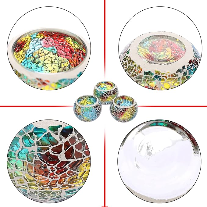 OwnMy Set of 3 Colorful Mosaic Glass Tea Light Holders Round Bowl Votive Candle Holders Pillar Candle Stands, Glass Mosaic Tealight Holders Potted Plant Bowl Vase Candle Centerpiece for Table Wedding