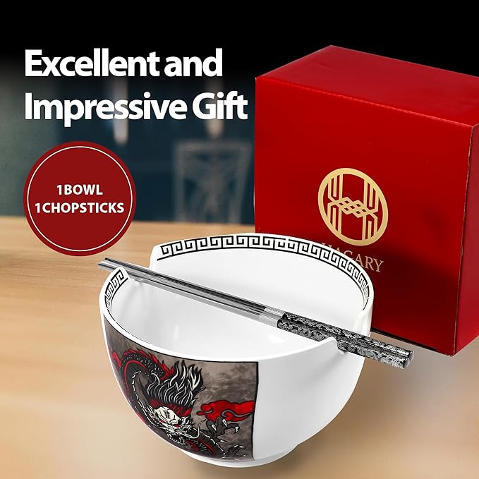Hagary Dragon Ramen Bowl with Chopsticks Ceramic Bowl Stainless Steel Chopsticks Japanese Style Soup Bowls Housewarming Wedding Gifts Designed in Korea (With Chopsticks) (Black, 30 oz - 1pc)