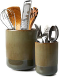 Utensil Holder, 7.3"+5.3" Ceramic Kitchen Utensil Holder for Countertop, Large Cooking Utensil Organizer, Modern Utensil Crocks Spatula Holder for Farmhouse Kitchen Counter Decor, Brown Green