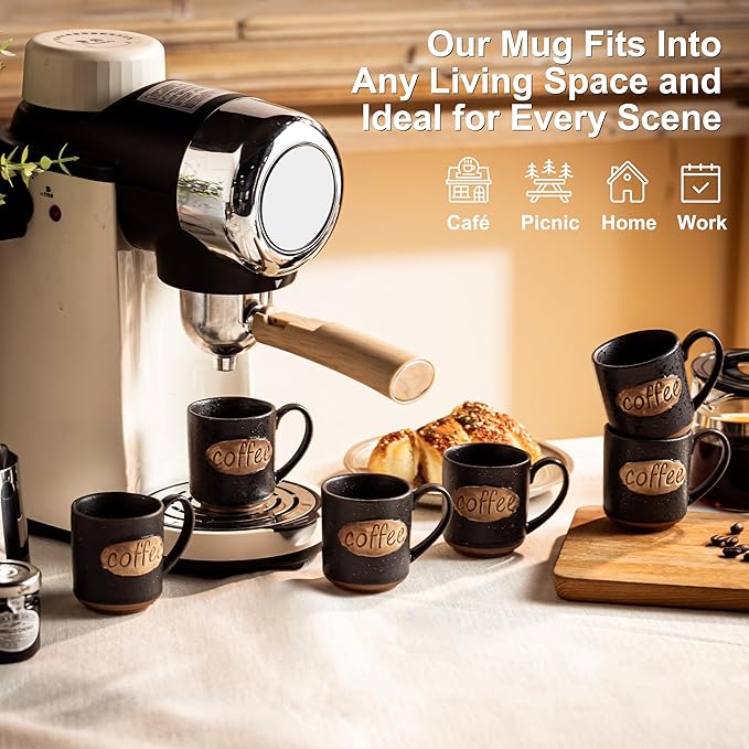LYEOBOH Coffee Cups, Espresso Cups, Tea Cup, Coffee Mugs Set of 6, 3 oz Ceramic Espresso Cups, Cute Mini Demitasse Cups with Handle for Bar & Home Microwave & Dishwasher Safe, Black