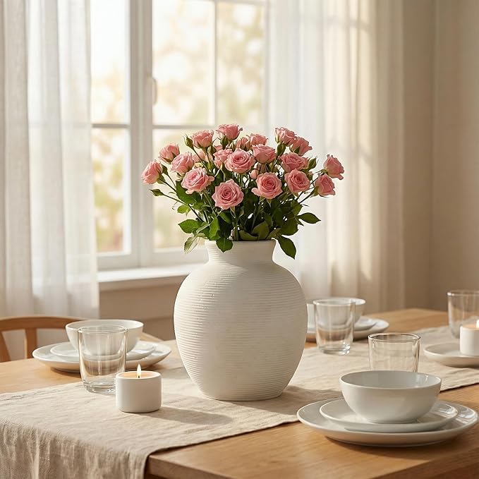Ceramic Flower Vase Home Decor - 7.4 Inch Vintage Ceramic Vase Large Vases for Decor Living Room Large Ceramic Vase for Dining Room Bathroom Indoor and Outdoor Decoration