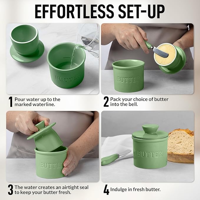 Zulay Kitchen Bell Shaped Butter Crock with Lid for Countertop with Water Line & Spreader Knife, Ceramic French Butter Dish Keeper For Fresh, Soft & Spreadable Butter - Olive Green