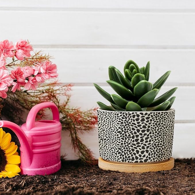 Leopard Print Planters Ceramic African Animal Stripe Round Plant Pot with Drainage Holes and Bamboo Tray Pot for Home Office Desk Garden