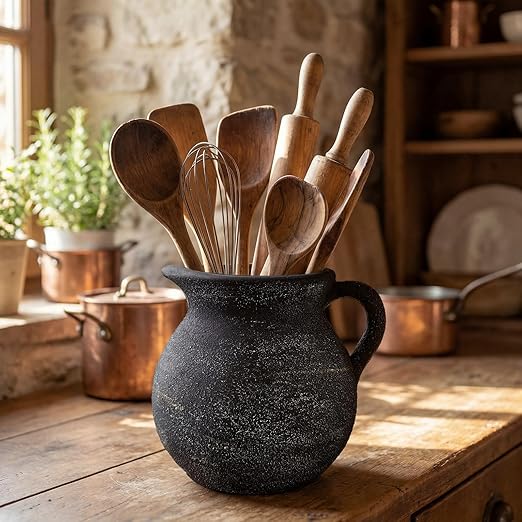 Rustic Kitchen Utensil Holder with Handle,7.48" H Ceramic Vintage Utensil Crock for Countertop, Farmhouse Kitchen Decoration Ceramic Pot for Spatulas Spoons Tongs(Classic,Antique Black Gold)